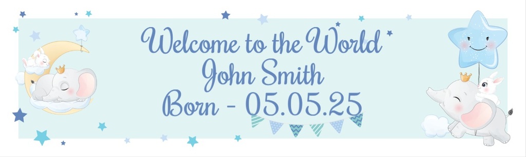 Welcome Baby Boy Banner - Moon & Stars Baby Elephant