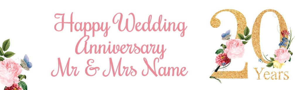 Personalised 20th Wedding Anniversary Banner - Floral Design - Custom Text