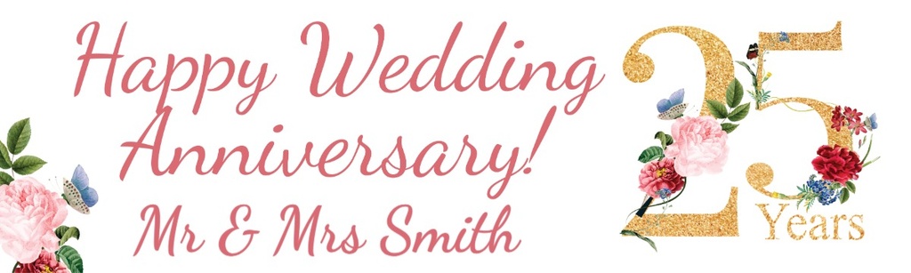 Personalised 25th Wedding Anniversary Banner - Floral Design - Custom Text