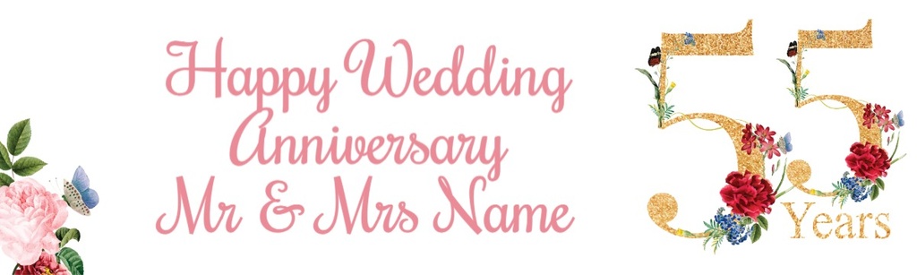 Personalised 55th Wedding Anniversary Banner - Floral Design - Custom Text