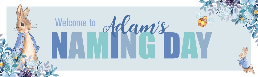 Personalised Baby Naming Day Banner - Blue Rabbit - Custom Name