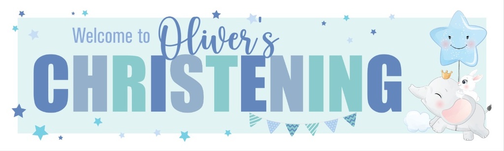 Personalised Christening Banner - Blue & Cute Elephant - Custom Name
