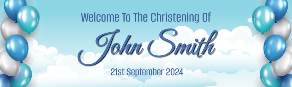 Personalised Christening Banner - Blue Balloons - Custom Name & Date