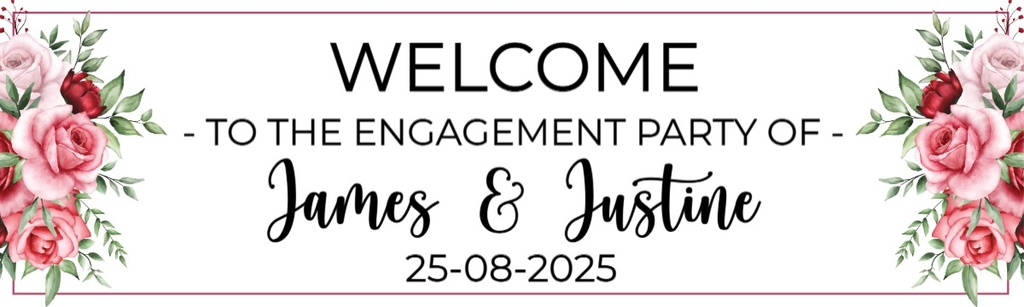 Personalised Engagement Party Banner - Pink Roses - Custom Name & Date