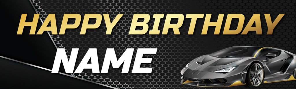 Personalised Happy Birthday Banner - Black Sports Car - Custom Name