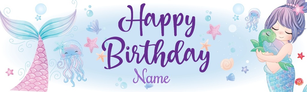 Personalised Happy Birthday Banner - Cute Mermaid - Custom Name