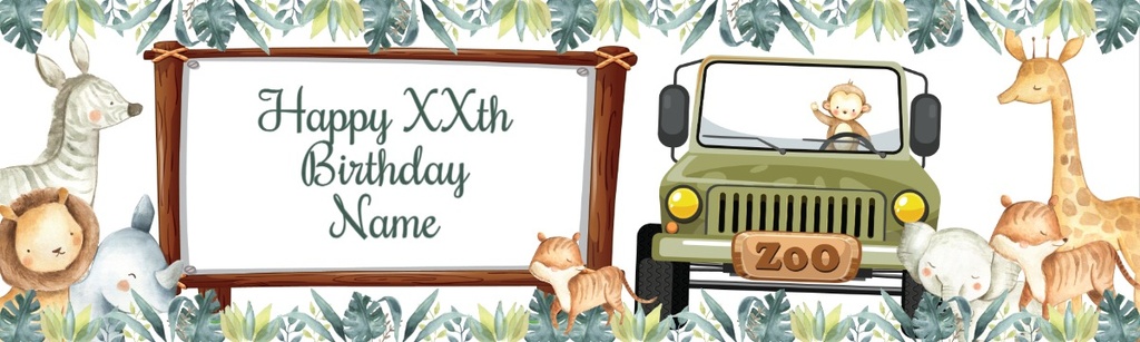 Personalised Happy Birthday Banner - Jeep Safari Animals - Custom Text
