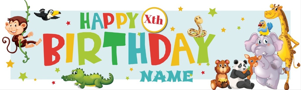 Personalised Happy Birthday Banner - Jungle Animals - Custom Name & Age