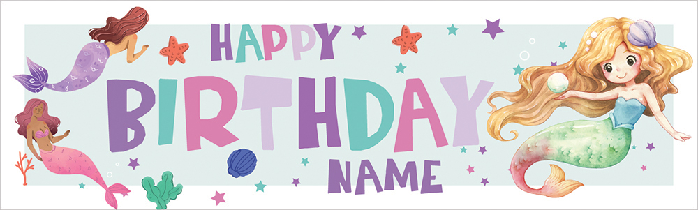 Personalised Happy Birthday Banner - Mermaid Party - Custom Name