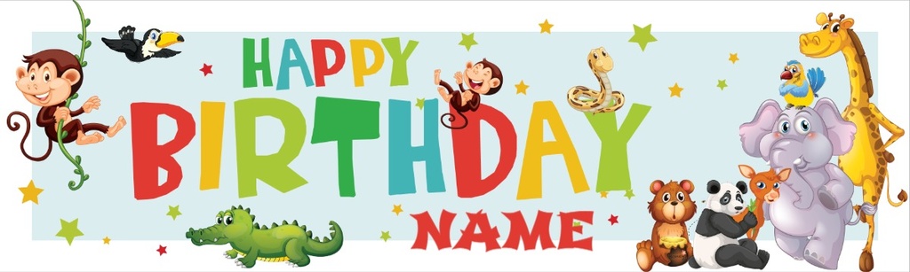 Personalised Happy Birthday Banner - Safari Animal Party Kids - Custom Name