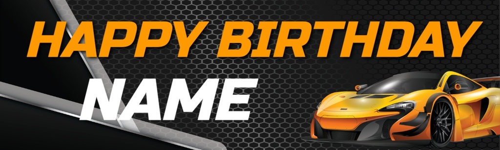 Personalised Happy Birthday Banner - Yellow Sports Car - Custom Name