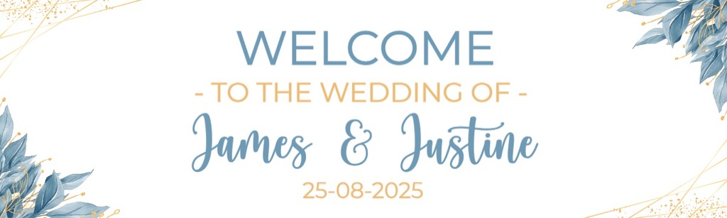 Personalised Wedding Banner - Blue Gold Welcome - Custom Name & Date