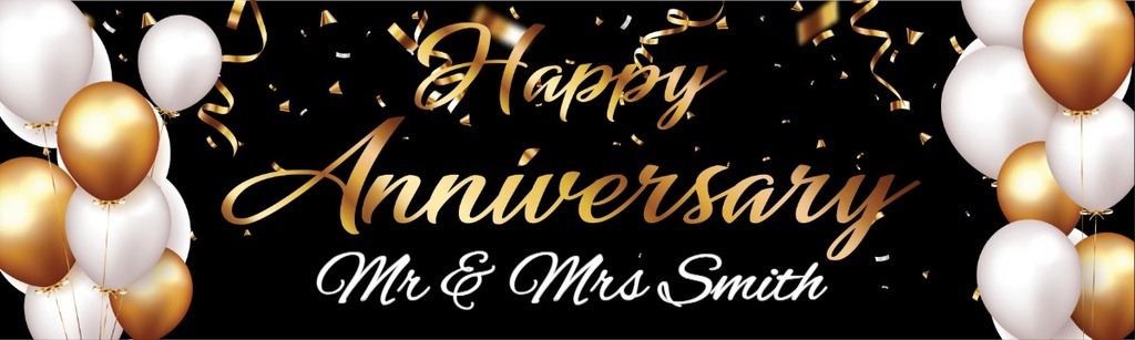 Personalised Wedding Anniversary Banner - White & Gold Balloons - Custom Text