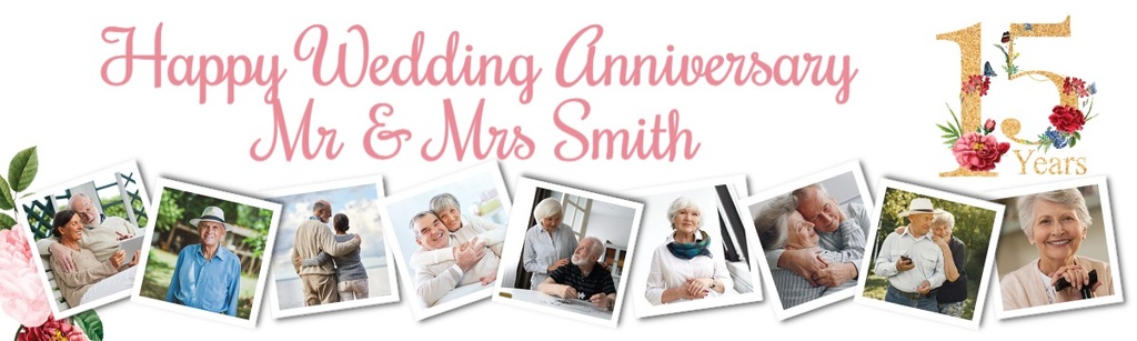 Personalised 15th Wedding Anniversary Banner - Floral Design - 9 Photo Upload