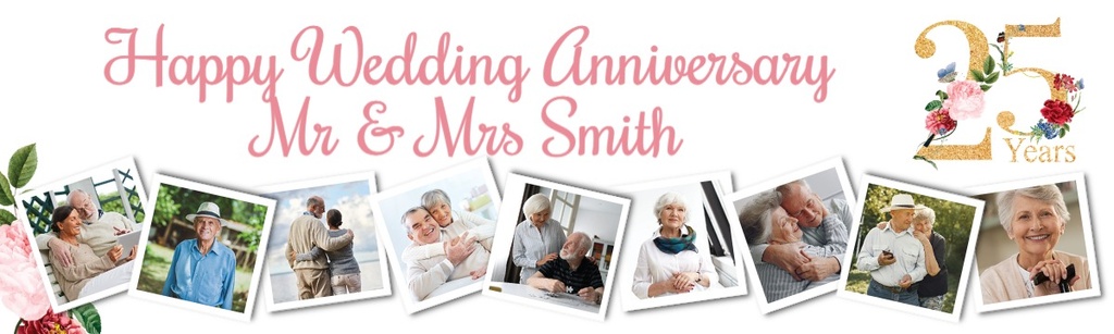 Personalised 25th Wedding Anniversary Banner - Floral Design - 9 Photo Upload