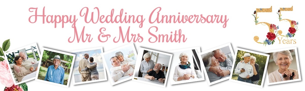 Personalised 55th Wedding Anniversary Banner - Floral Design - 9 Photo Upload