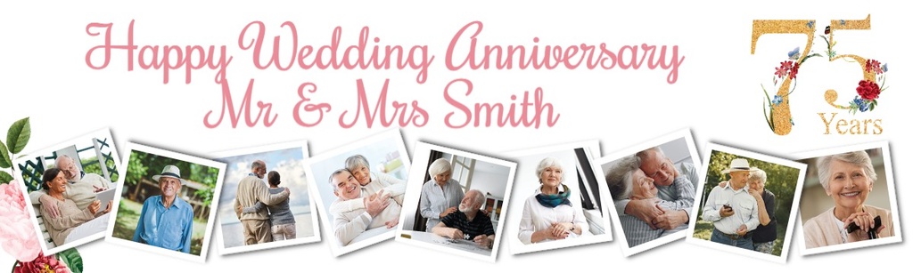 Personalised 75th Wedding Anniversary Banner - Floral Design - 9 Photo Upload