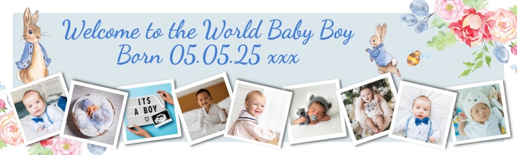 Personalised Baby Boy Banner - Blue Rabbit Welcome - 9 Photo Upload