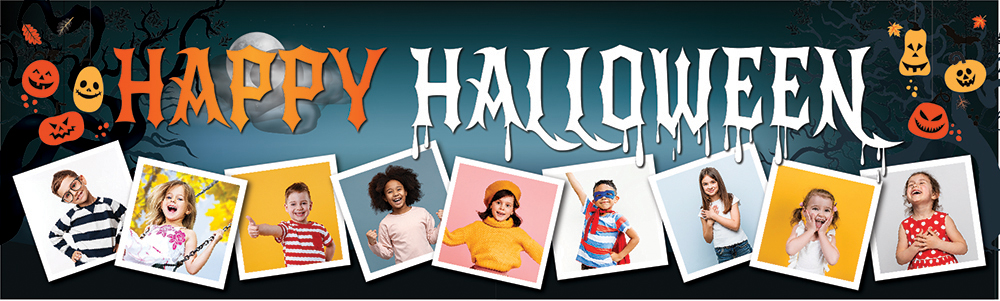 Personalised Halloween Party Banner - Full Moon & Pumpkins - 9 Photo Upload