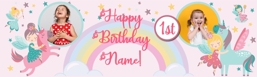 Personalised Happy 1st Birthday Banner - Unicorn & Fairies - 2 Photo Upload