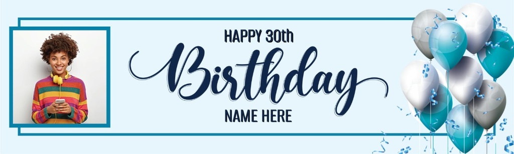 Personalised Happy 30th Birthday Banner - Blue White Balloons - 1 Photo Upload