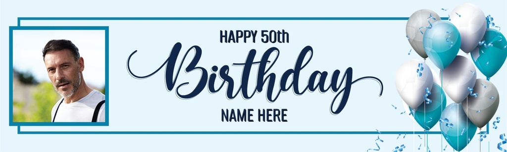 Personalised Happy 50th Birthday Banner - Blue White Balloons - 1 Photo Upload