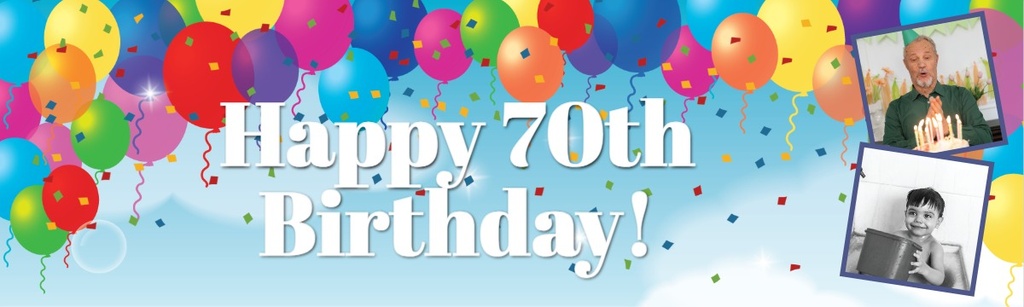 Personalised Happy 70th Birthday Banner - Party Balloons - 2 Photo Upload