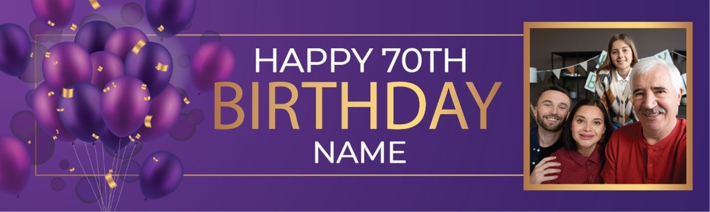 Personalised Happy 70th Birthday Banner - Purple Balloons - 1 Photo Upload