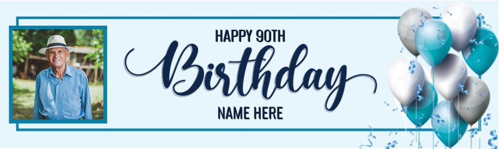 Personalised Happy 90th Birthday Banner - Blue White Balloons - 1 Photo Upload