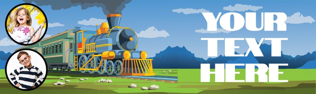 Personalised Happy Birthday Banner - Blue Train - 2 Photo Upload