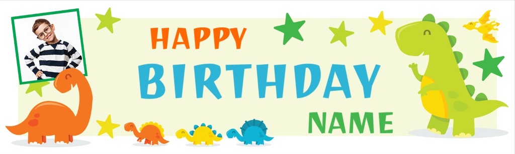 Personalised Happy Birthday Banner - Kids Dinosaur & Stars - 1 Photo Upload