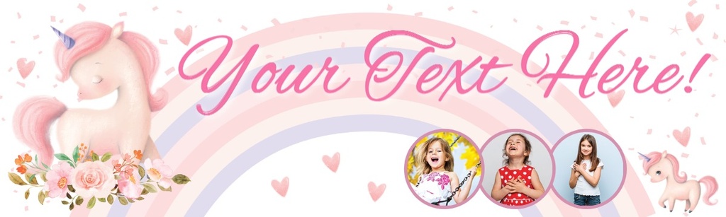 Personalised Happy Birthday Banner - Pink Flower Unicorn - 3 Photo Upload