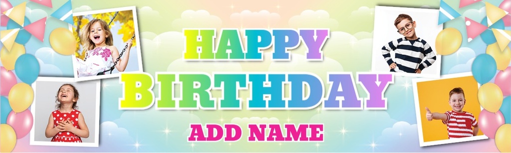 Personalised Happy Birthday Banner - Rainbow Balloons - 4 Photo Upload