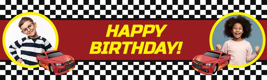 Personalised Happy Birthday Banner - Red Race Car - 2 Photo Upload