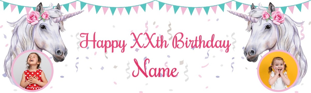 Personalised Happy Birthday Banner - Magical White Unicorn - 2 Photo Upload