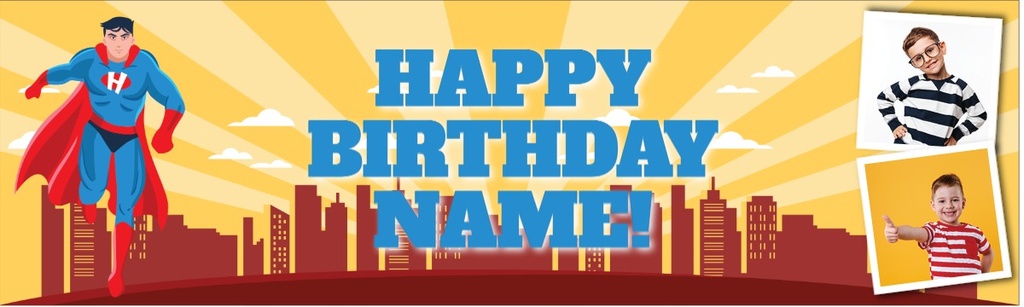 Personalised Happy Birthday Banner - Superman Superhero - 2 Photo Upload