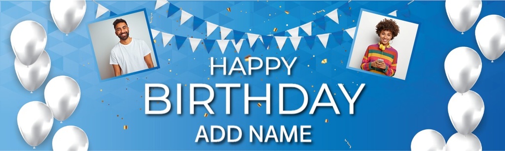 Personalised Happy Birthday Banner - White Party Balloons - 2 Photo Upload