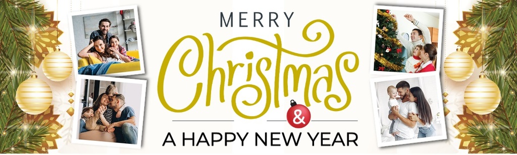 Personalised Merry Christmas Banner - Gold Baubles Xmas & New Year - 4 Photo Upload