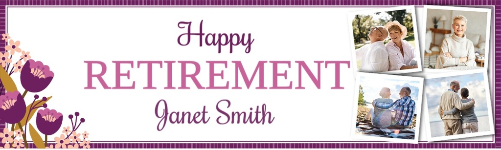 Personalised Retirement Banner - Purple Floral - 4 Photo Upload