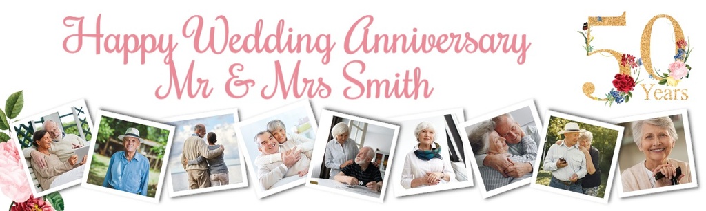 Personalised Wedding Anniversary Banner - Floral Design - 9 Photo Upload