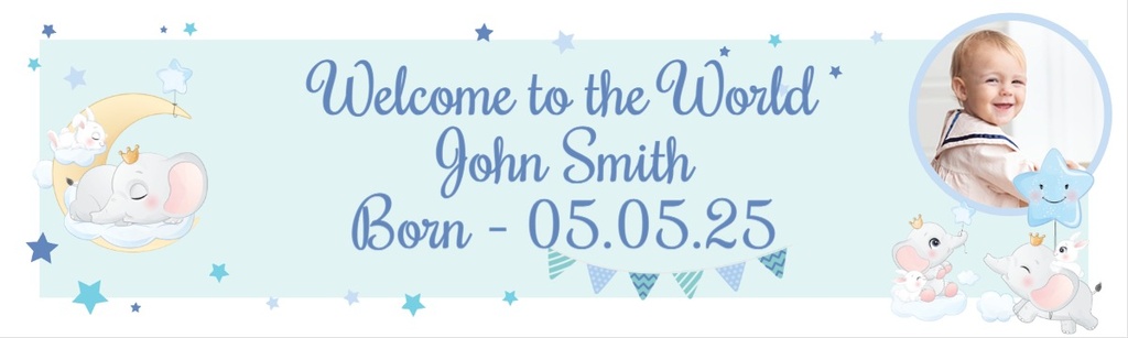 Personalised Welcome Baby Boy Banner - Blue & Baby Elephant - 1 Photo Upload