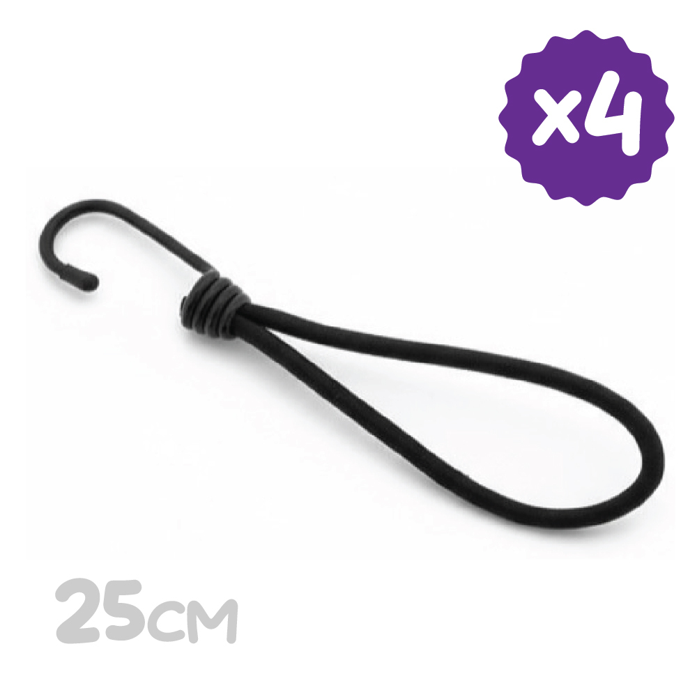 4 x 25cm Black Banna Bungee Cord - Stainless Steel Hook Tie