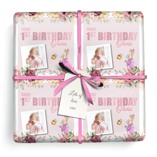 Personalised Party Wrapping Paper - 1st Birthday Pink Rabbit - Upload Photo & Name