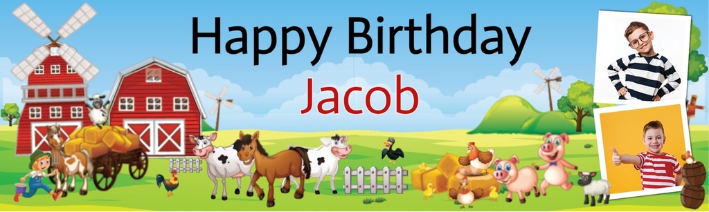 Personalised Birthday Banner - Farm Animals - 2 Photo Upload