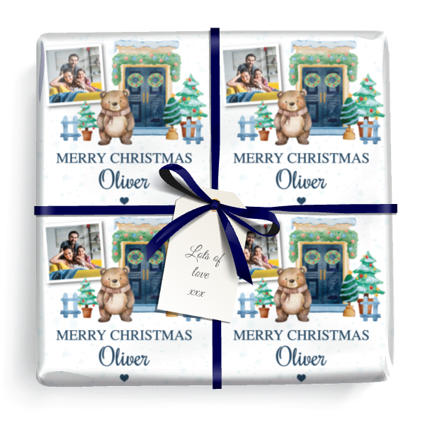 Personalised Christmas Wrapping Paper - Xmas Tree & Bear - Add Name & 1 Photo