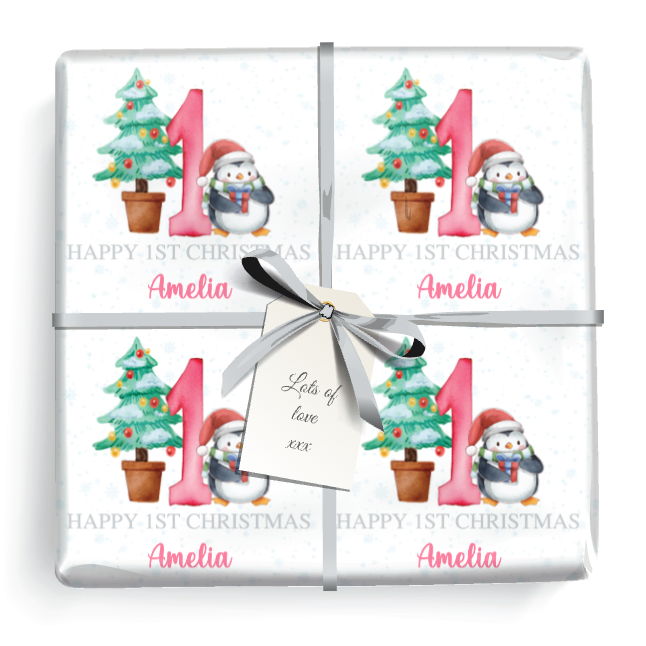 Personalised 1st Christmas Wrapping Paper - Penguin & Tree - Add Name