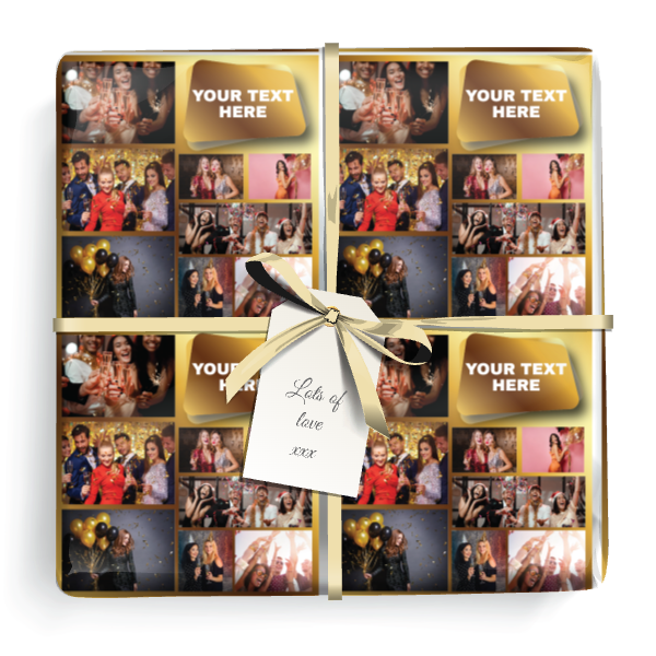 Personalised Birthday Wrapping Paper -  Gold Photo Collage - 9 Photos & Text