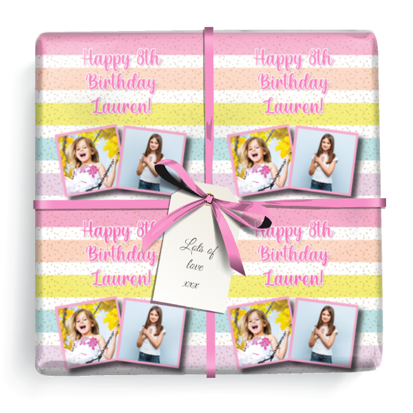 Personalised Birthday Wrapping Paper - Pink Rainbow Stripe - 2 Photos & Text