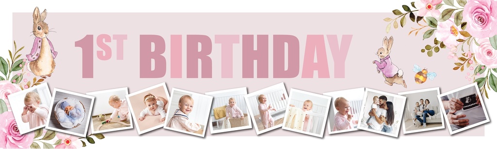 Personalised Happy 1st Birthday Banner - Pink Rabbit - Custom Name & 12 Photos