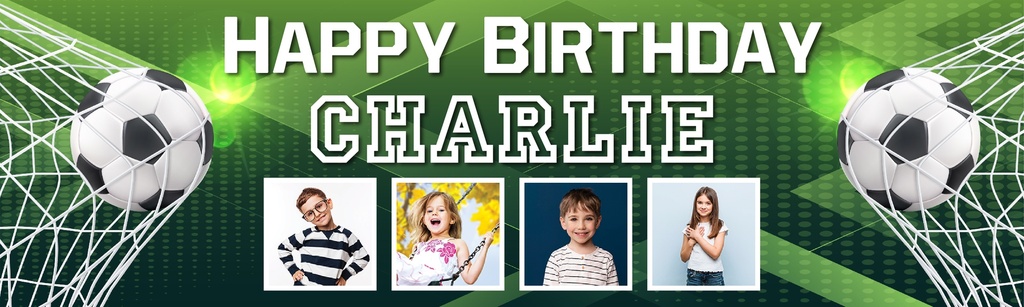 Personalised Football Birthday Banner - Kids Football Goal- Custom Text & 4 Photos
